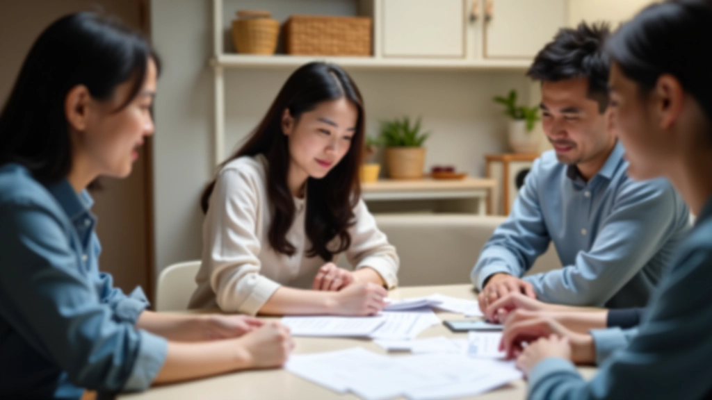 Family having discussion around dining table with bills, receipts, and financial planning notes spread out